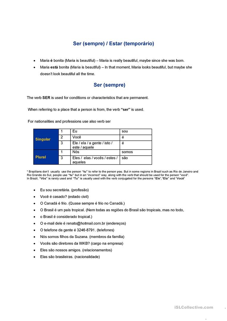 Ser Ou Estar? (Portugues Como Segunda Lingua) Worksheet - Free Esl - Free Printable Portuguese Worksheets