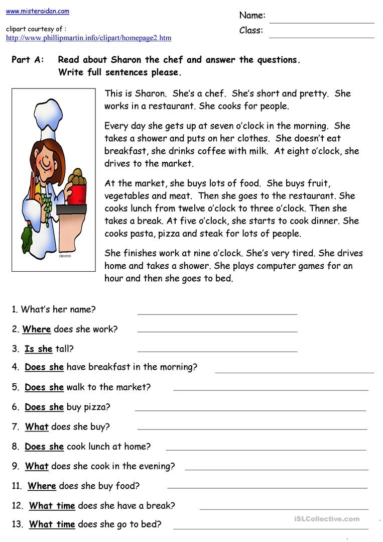 Sharon The Chef - Reading Comprehension Worksheet - Free Esl - Free Printable Reading Comprehension Worksheets Grade 5