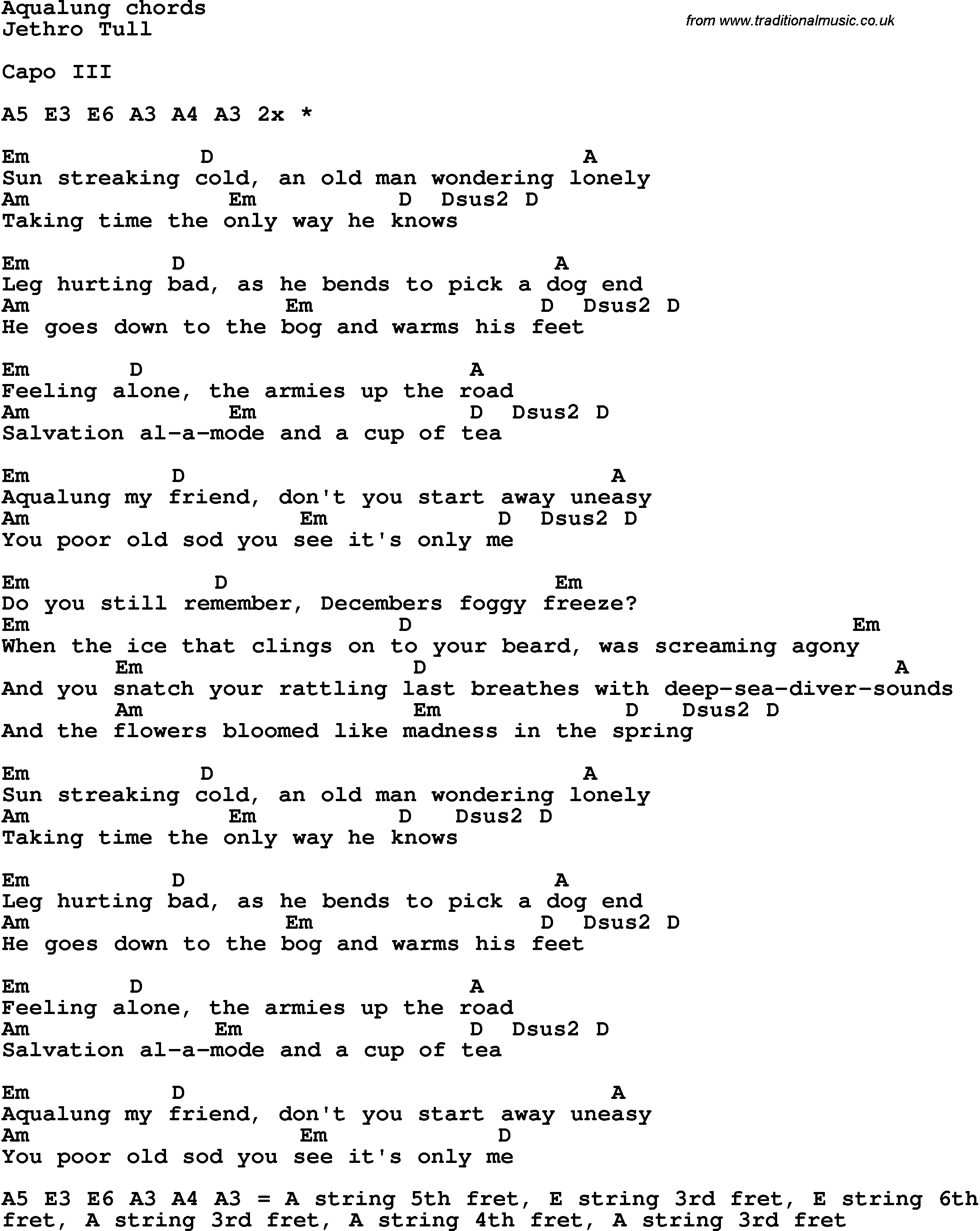 Song Lyrics With Guitar Chords For Aqualung - Jethro Tull | Guitar - Free Printable Song Lyrics With Guitar Chords
