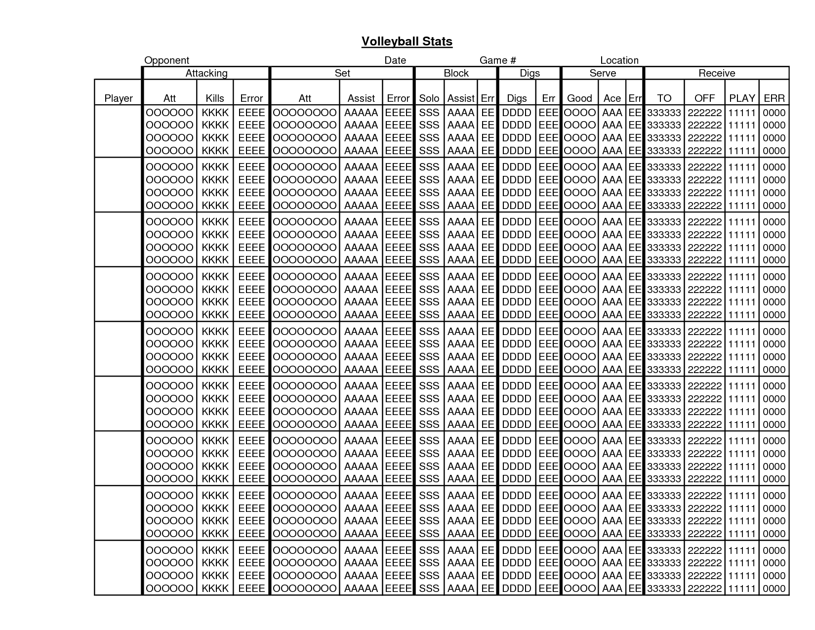 Stat Sheet 1 Page Prefilled | The Girls | Coaching Volleyball - Printable Volleyball Stat Sheets Free