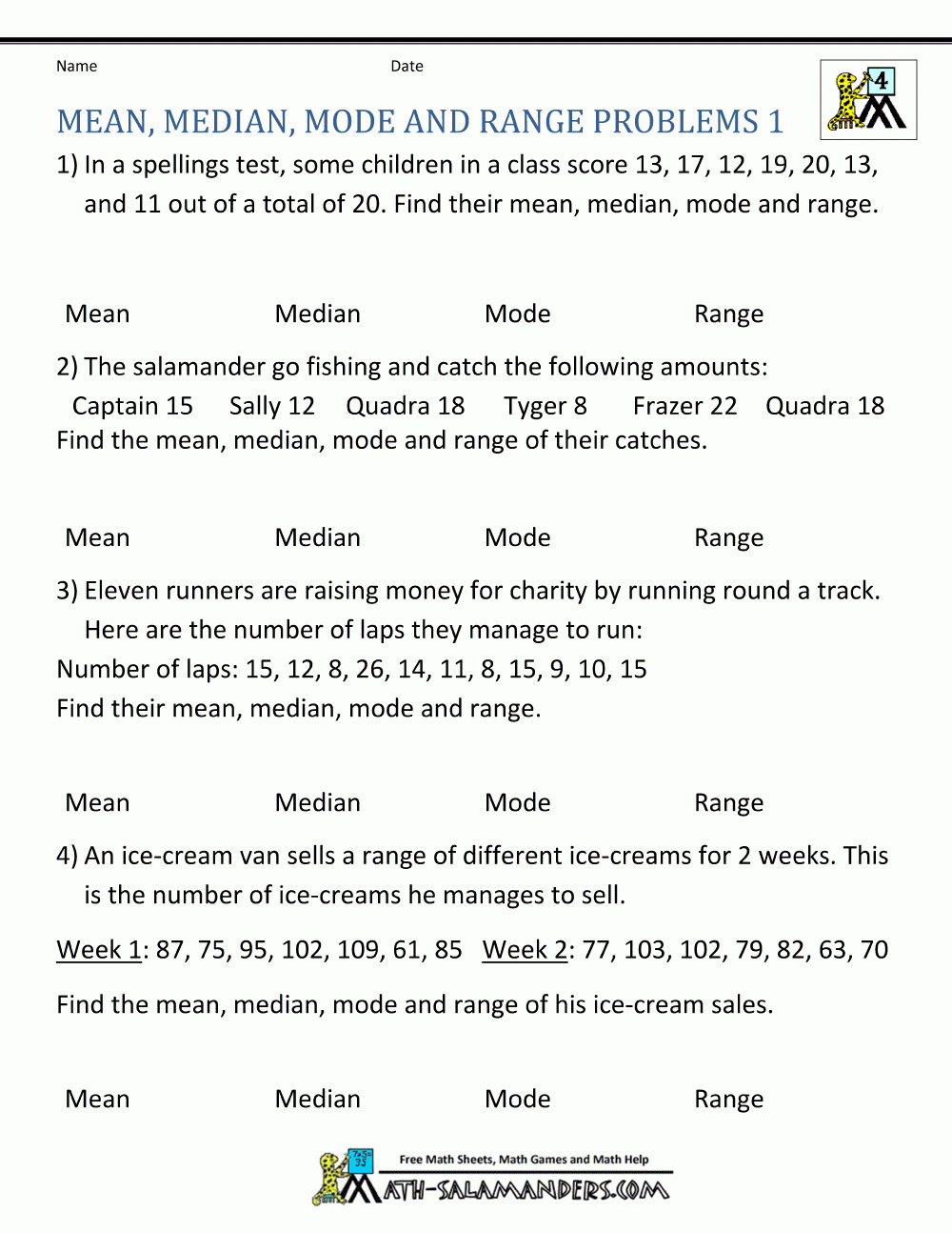 Statistics Worksheets Mean Median Mode Range Problems 1 | 5Th Grade - Free Printable Statistics Worksheets
