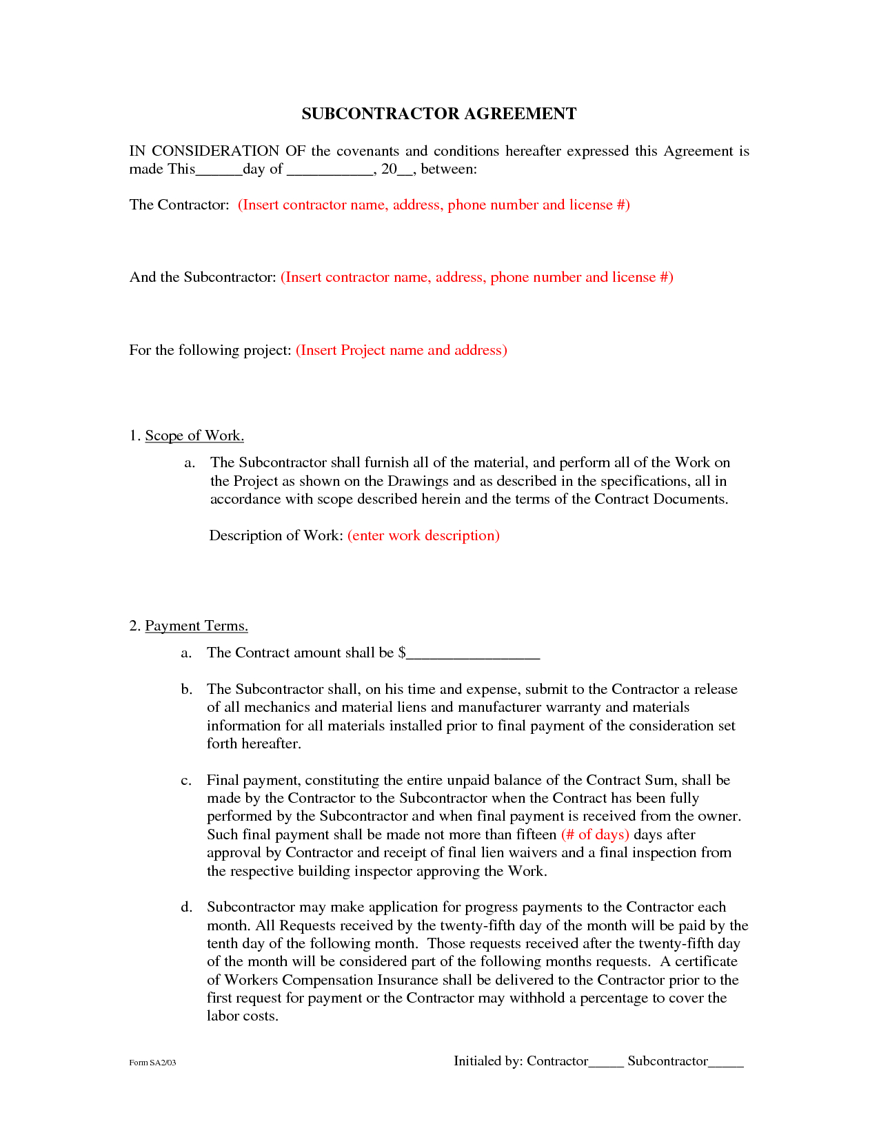 Subcontractor Agreement Formsbeunaventuralongjas - Subcontractor - Free Printable Handyman Contracts