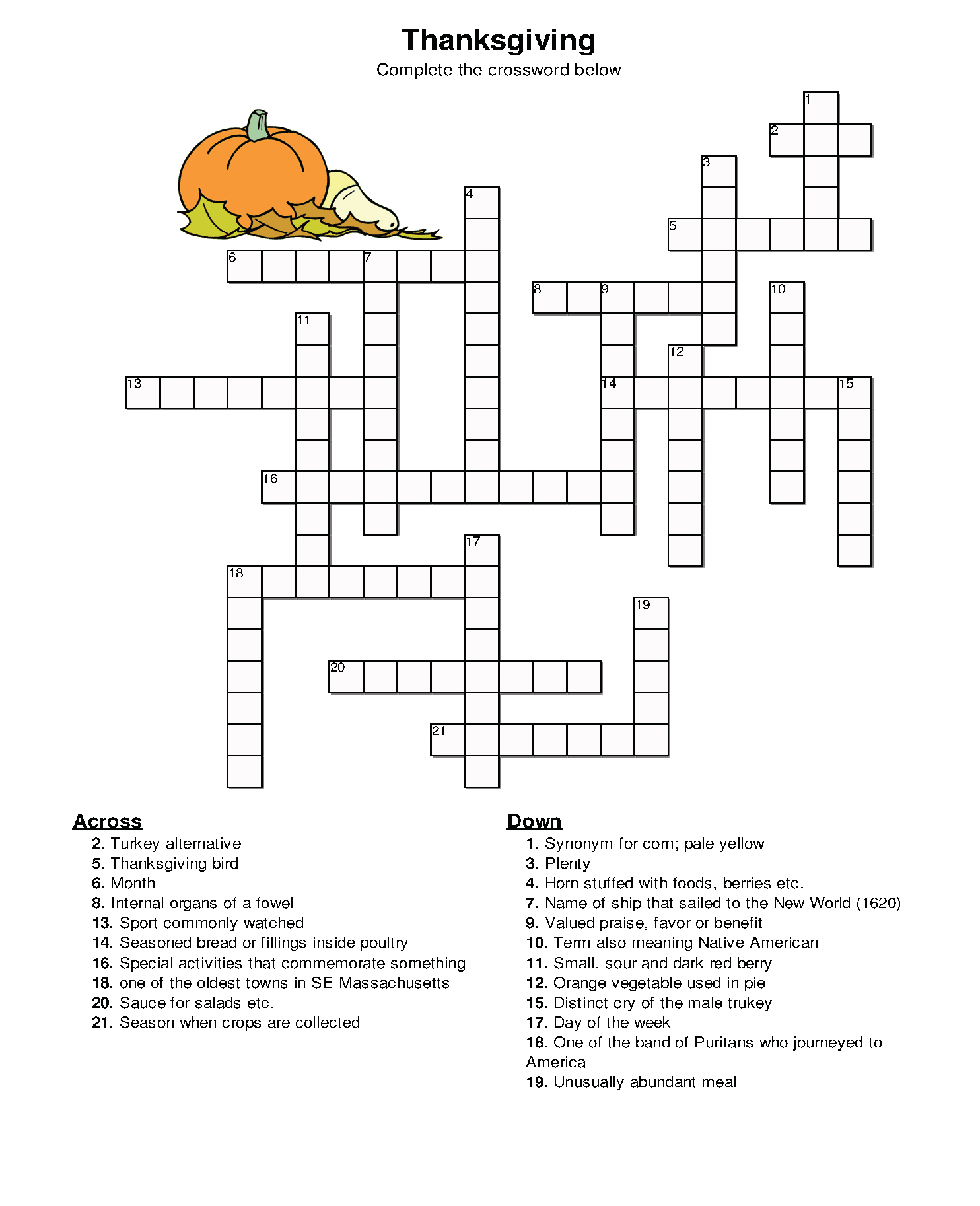 Thanksgiving Crossword Puzzle - Best Coloring Pages For Kids - Thanksgiving Crossword Puzzles Printable Free