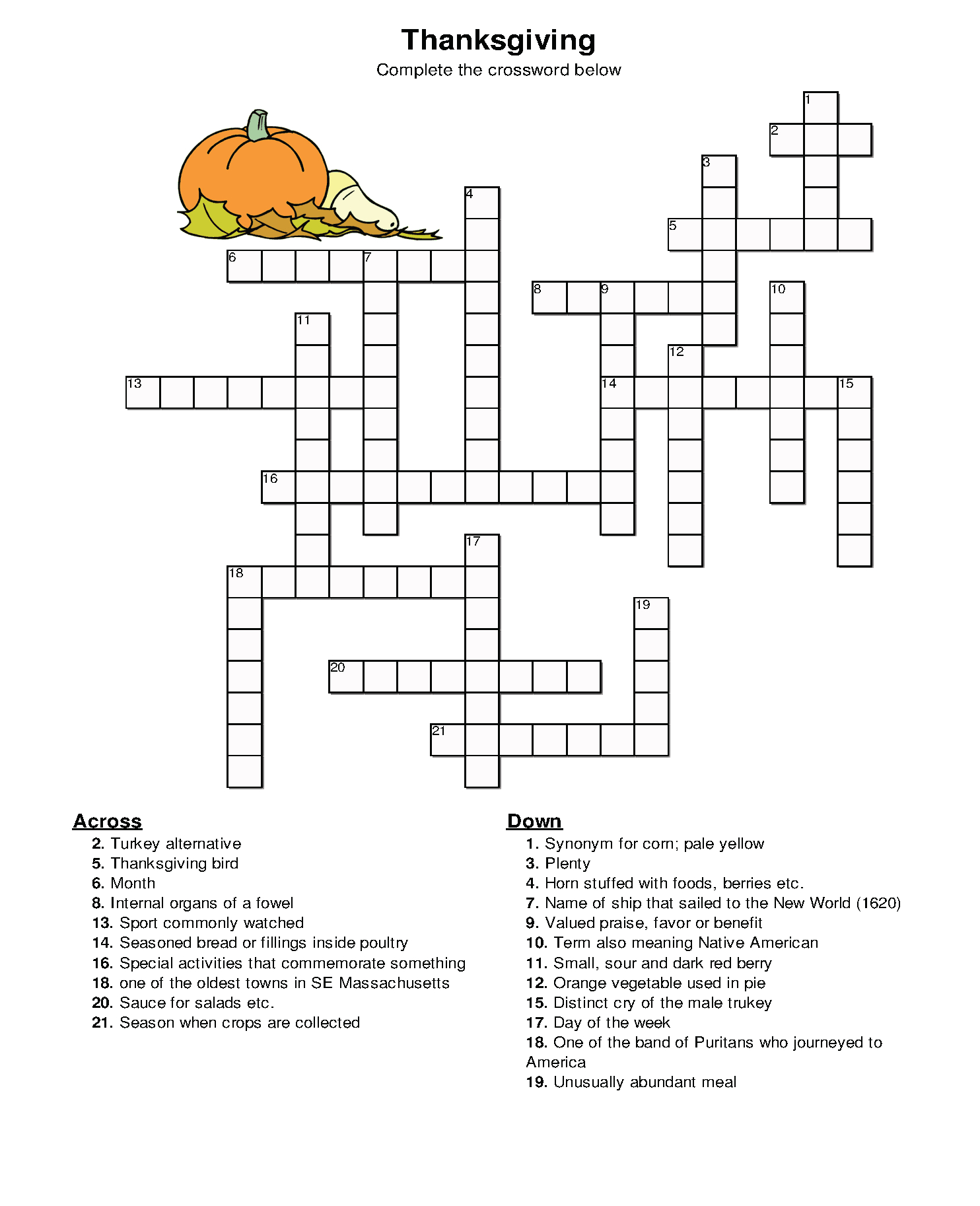 Thanksgiving Crossword Puzzles Printable Free Free Printable