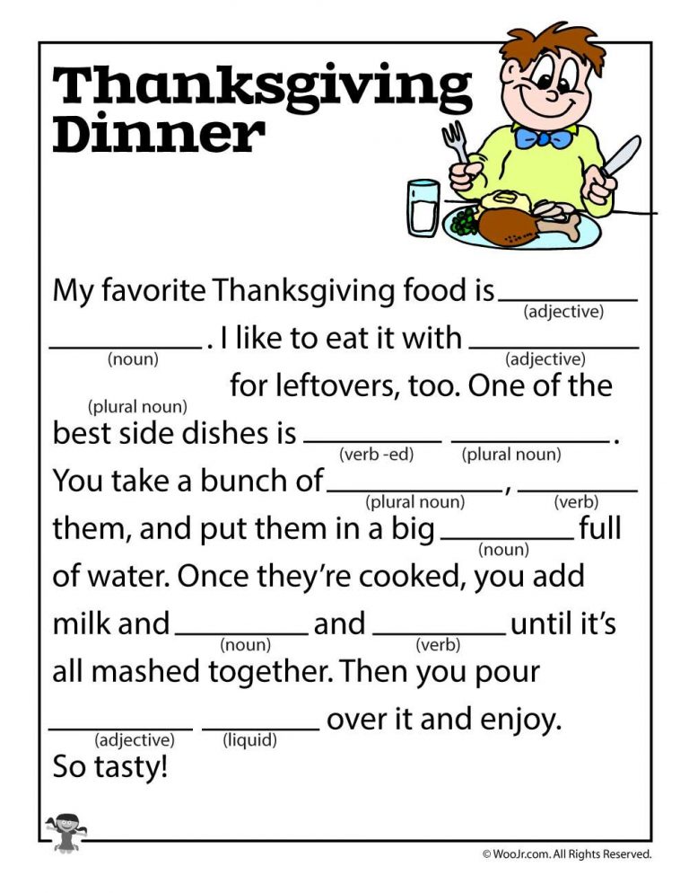 Thanksgiving Dinner Mad Lib Esl Mad Libs For Adults Free