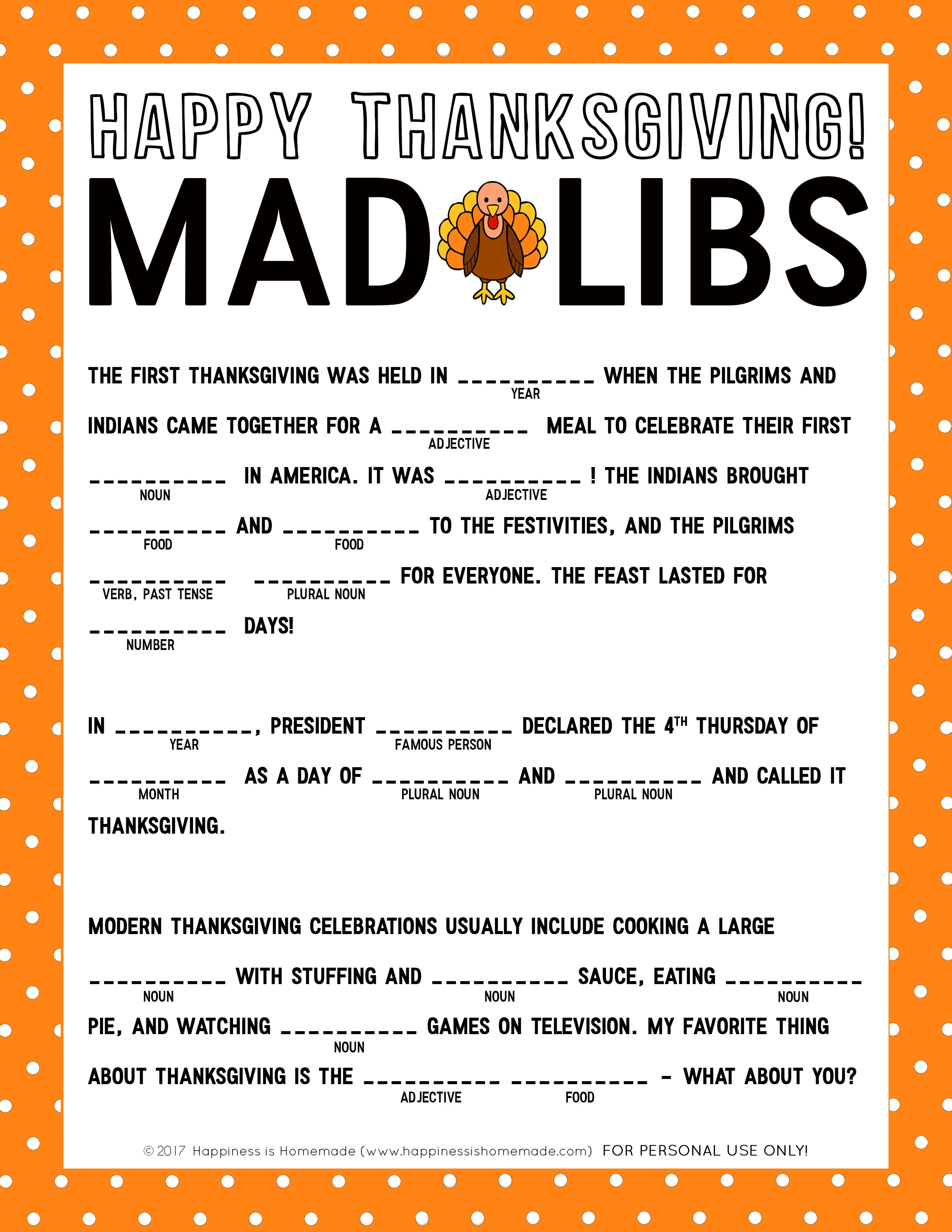 Thanksgiving Dinner Mad Lib Esl Mad Libs For Adults Free Printable Thanksgiving Mad Libs