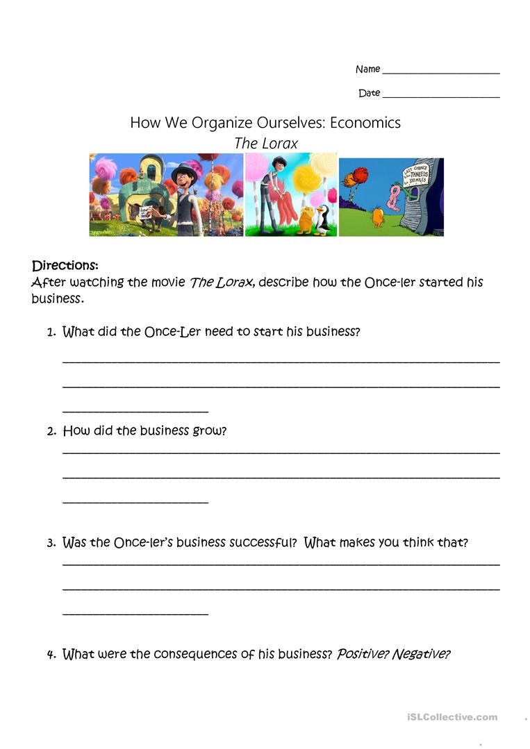 The Lorax - Economic Study Worksheet - Free Esl Printable Worksheets - Free Printable Economics Worksheets