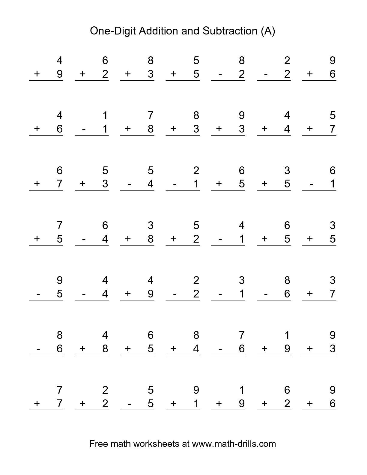 The Single-Digit (A) Math Worksheet From The Combined Addition And - Free Printable Mixed Addition And Subtraction Worksheets