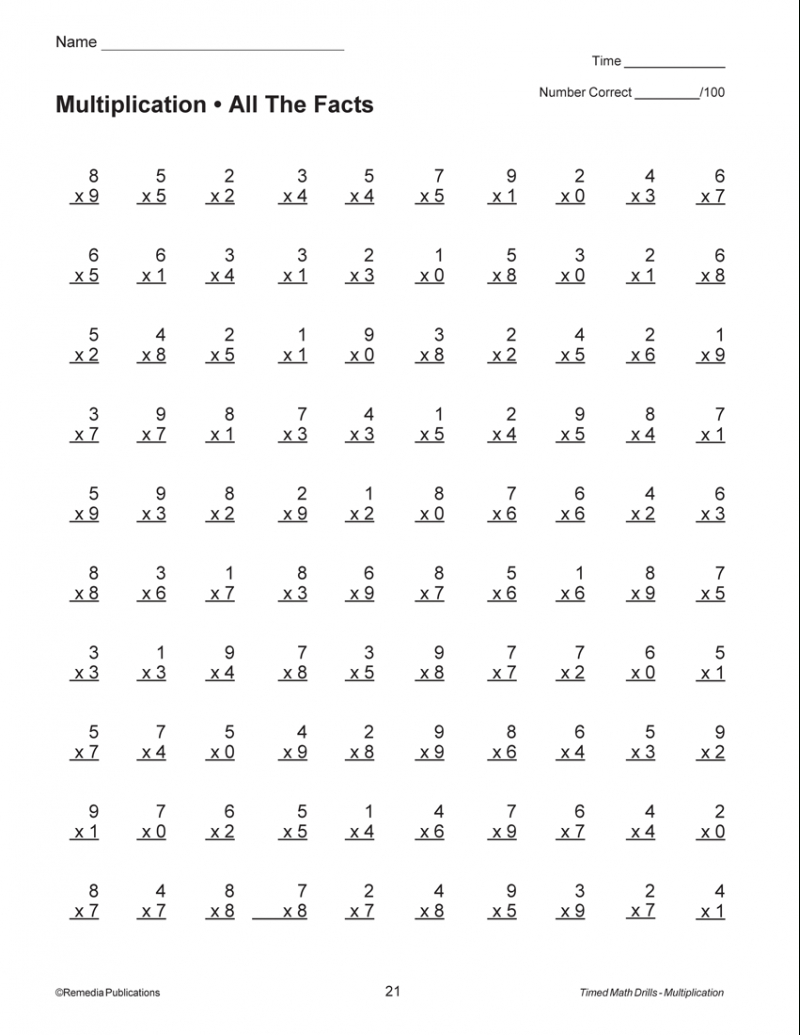 Multiplication Timed Test Worksheet