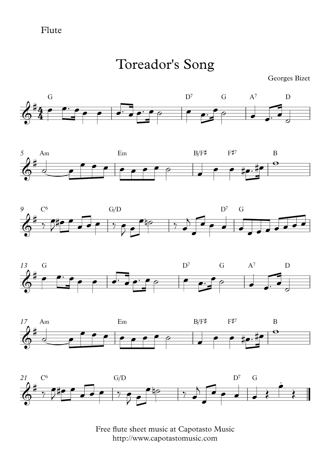 Toreador´s Song | Free Flute Sheet Music | Flute In 2019 | Flute - Free Printable Flute Sheet Music
