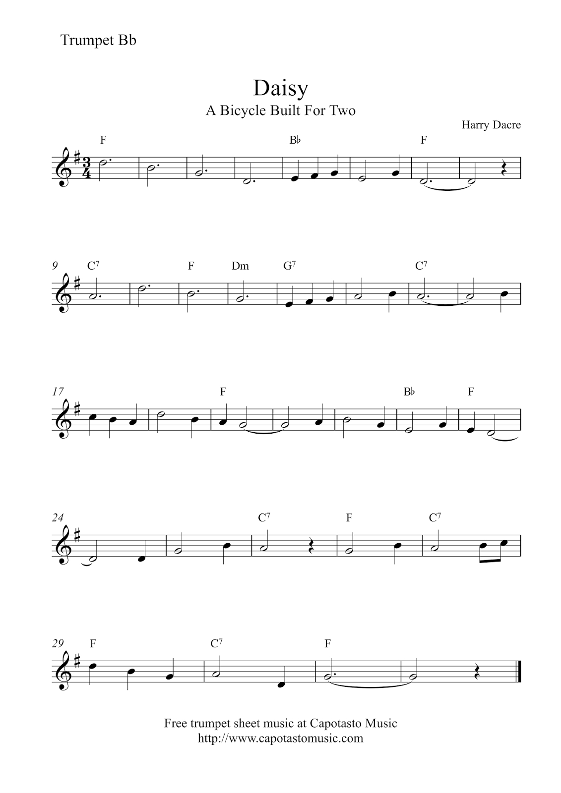 Trumpet Sheet Music For Beginners | A Bicycle Built For Two (Daisy) - Free Printable Sheet Music For Trumpet