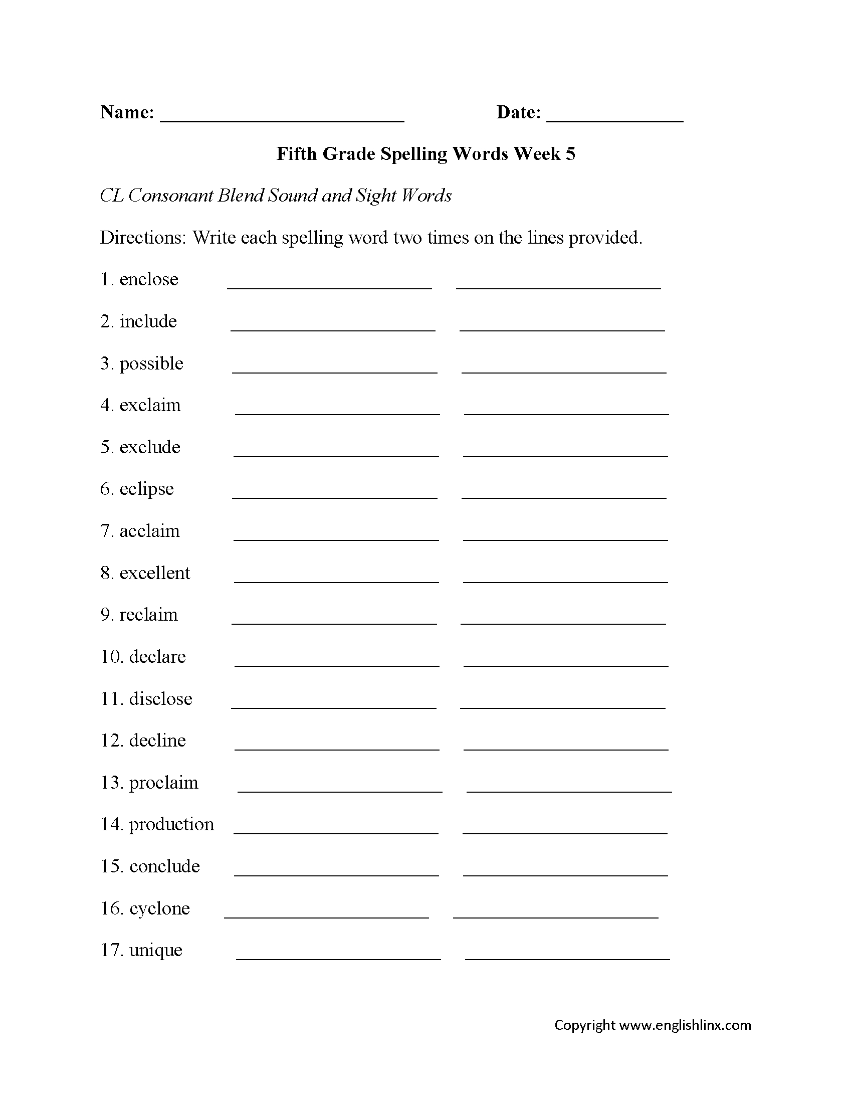 Week 5 Cl Consonant Fifth Grade Spelling Worksheets | Lessons - 7Th Grade Spelling Worksheets Free Printable