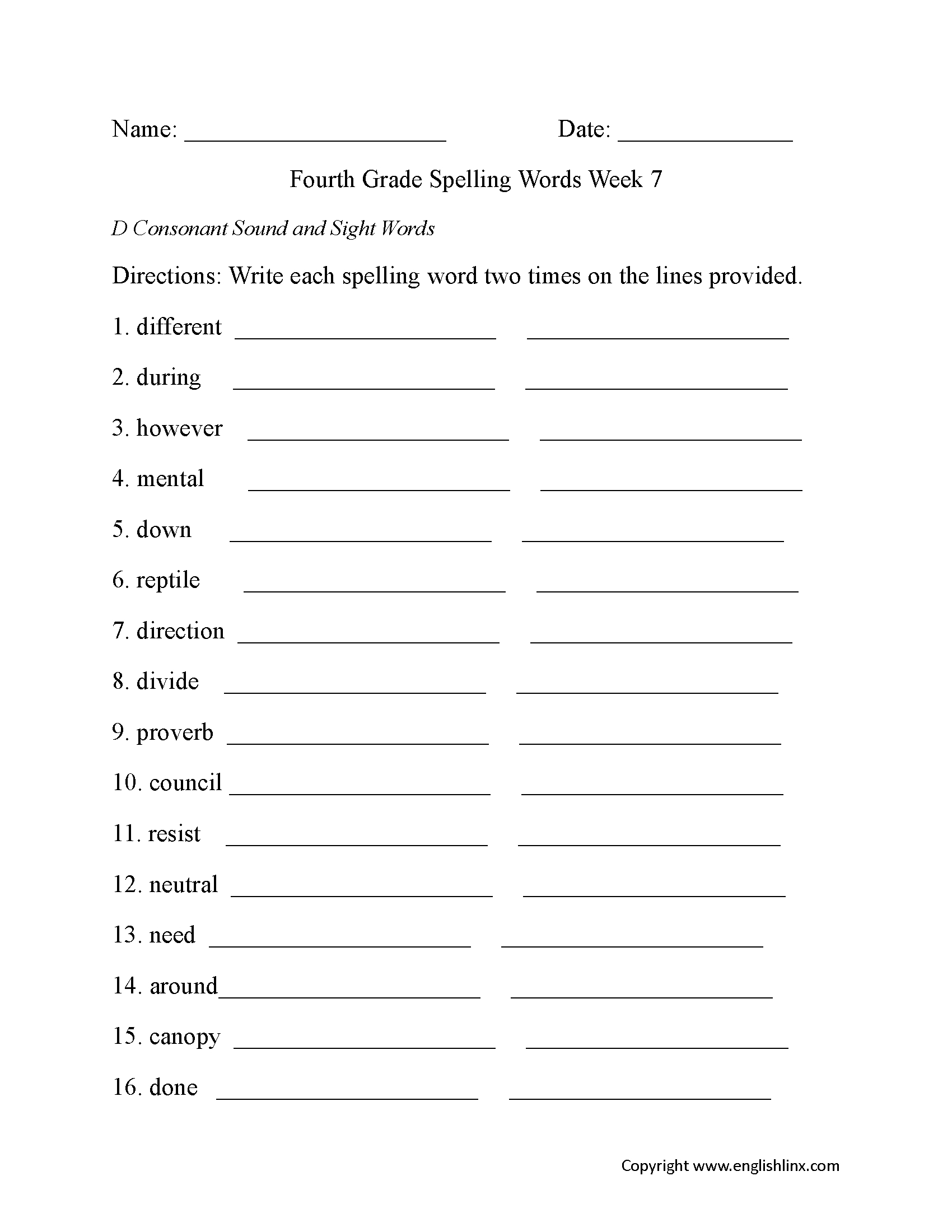 Week 7 D Consonant Fourth Grade Spelling Worksheets | Elementary - 7Th Grade Spelling Worksheets Free Printable