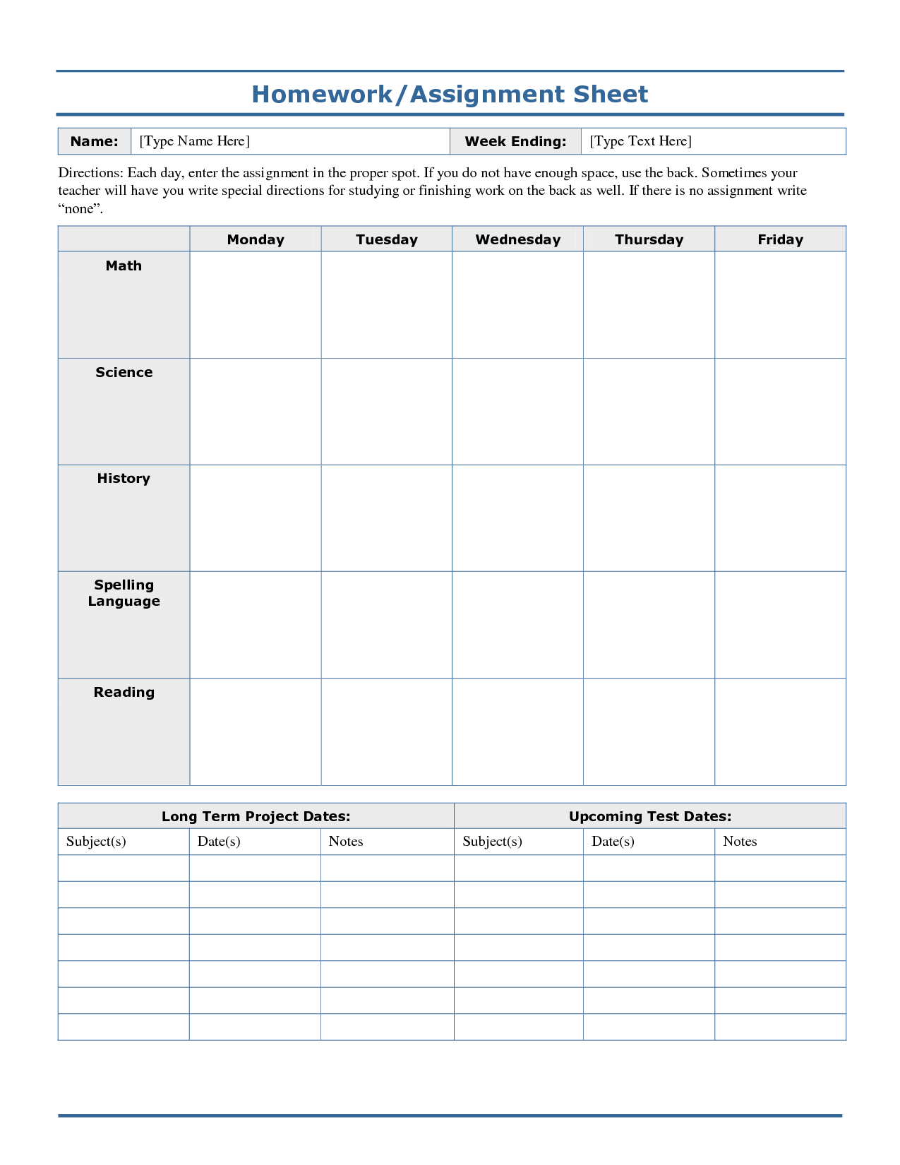 Weekly+Homework+Assignment+Sheet+Template | Logs | Homework Sheet - Free Printable Homework Assignment Sheets