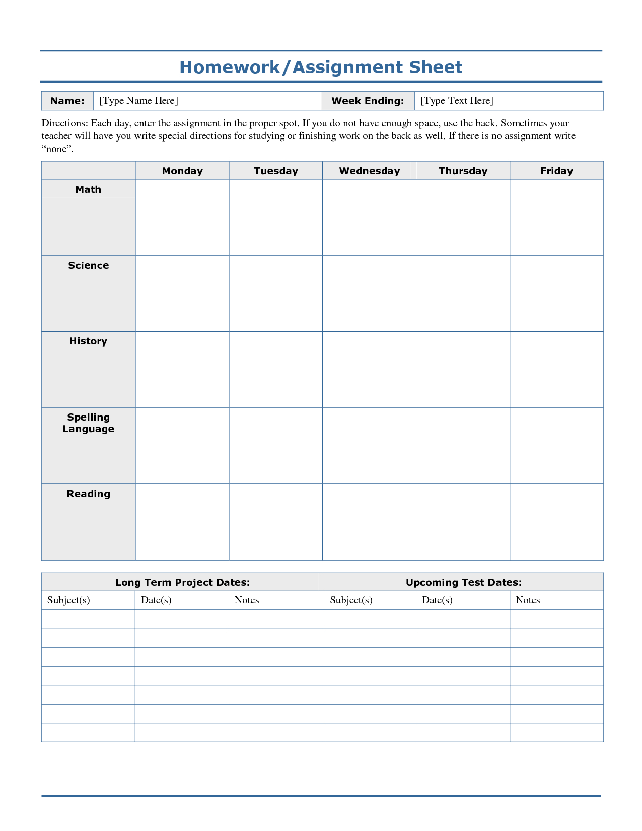 Free Homework Assignment Sheet Template Cakepins Reading Free