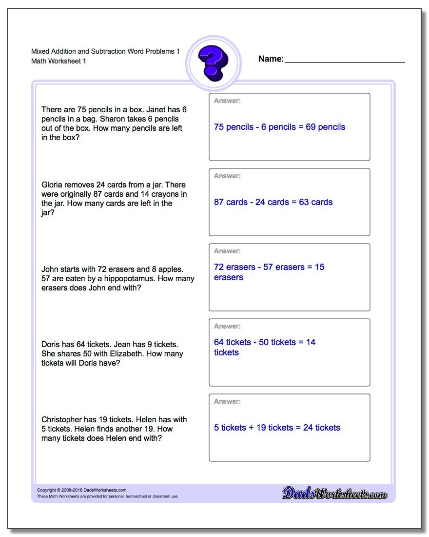 Word Problems - Free Printable Maths Worksheets Ks1