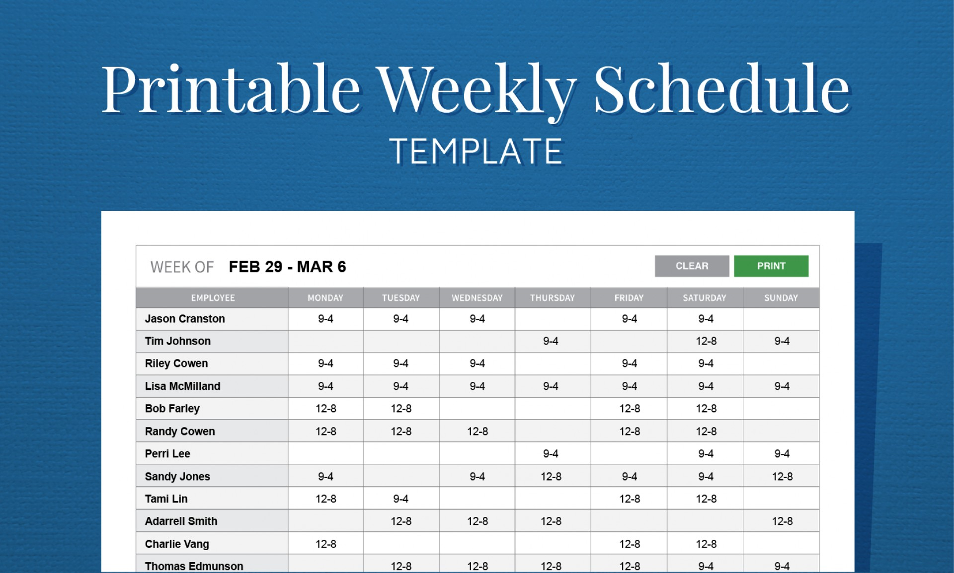 free printable weekly work schedule