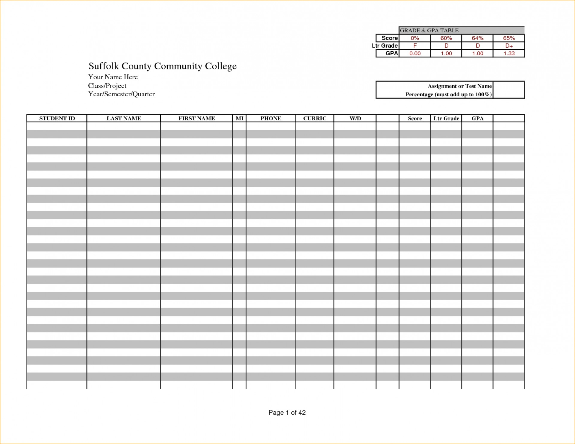 Excel Gradebook Template For Students ~ Excel Templates