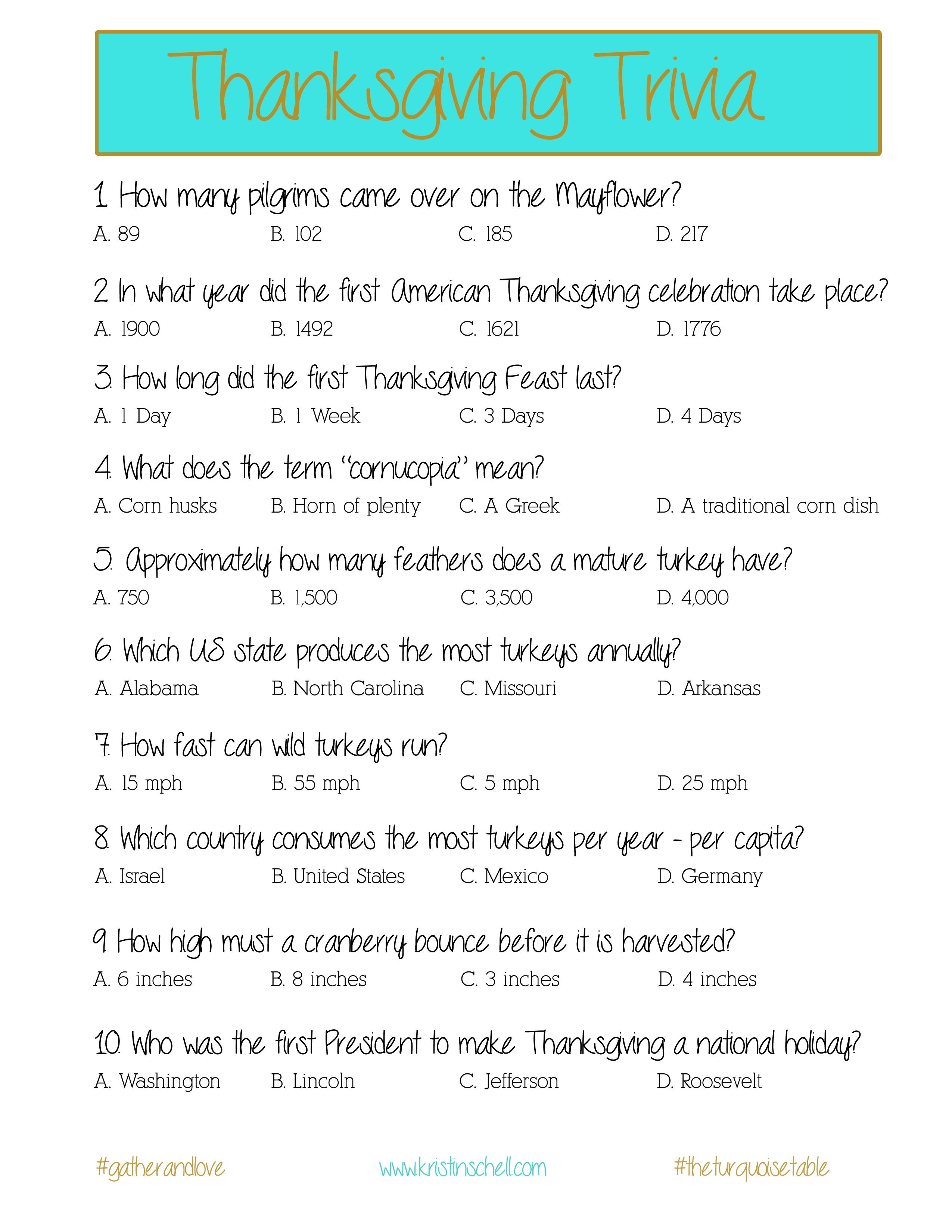 10 Thanksgiving Trivia Questions | Kittybabylove - Free Printable Trivia Questions And Answers