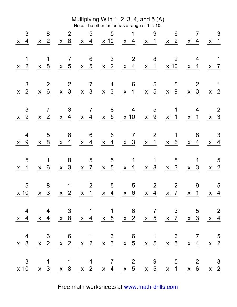 100 Vertical Questions -- Multiplication Facts -- 1-51-10 (A) - Free Printable Multiplication Worksheets 100 Problems