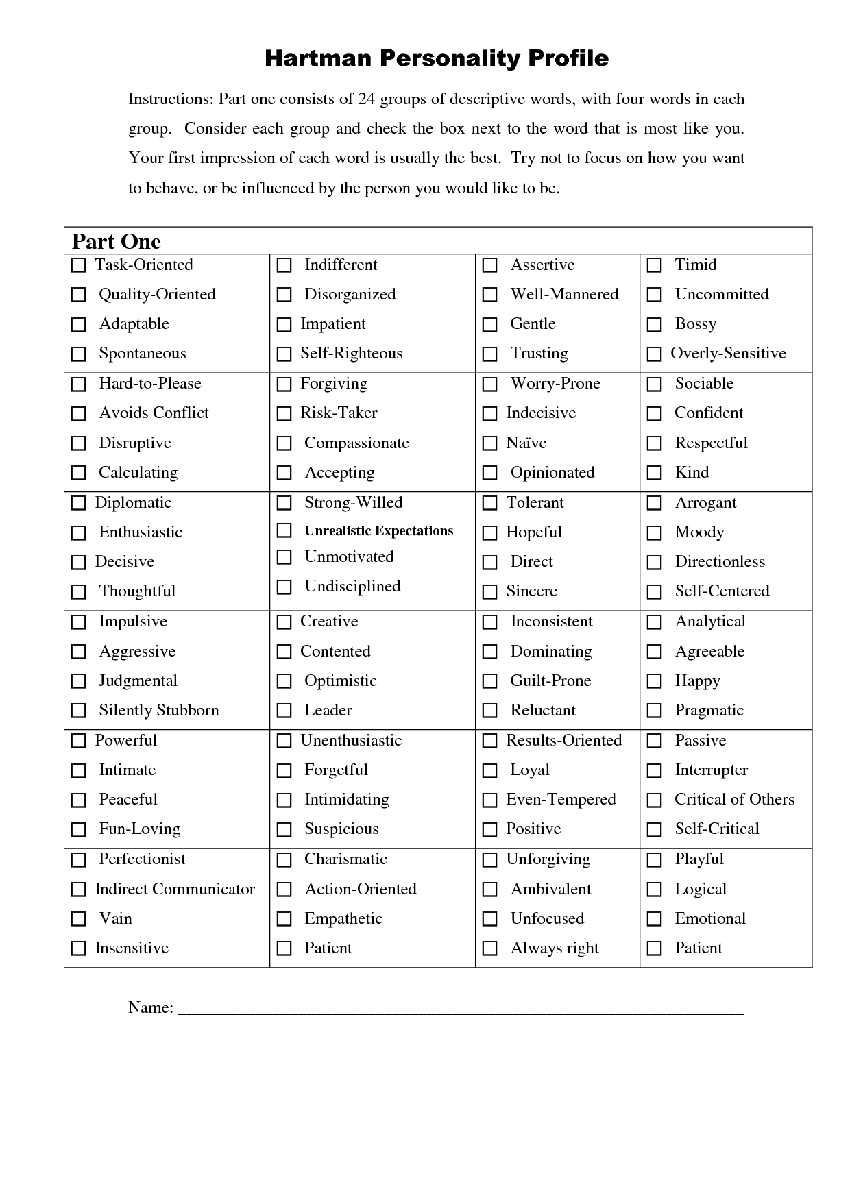 Personality Traits Test Free Printable