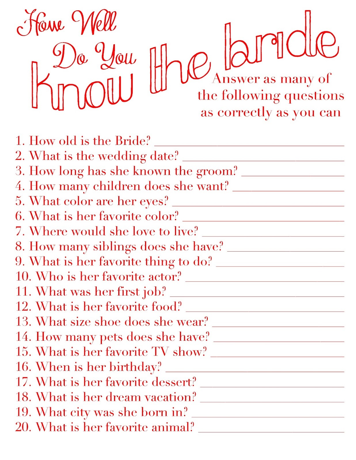 How Well Does The Bride Know The Groom Free Printable Free Printable