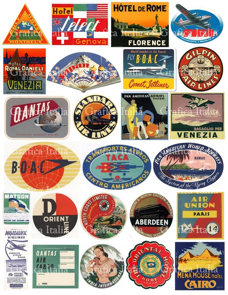25 Travel Luggage Stickers Retro Digital Printable Collage | Etsy - Free Printable Travel Stickers