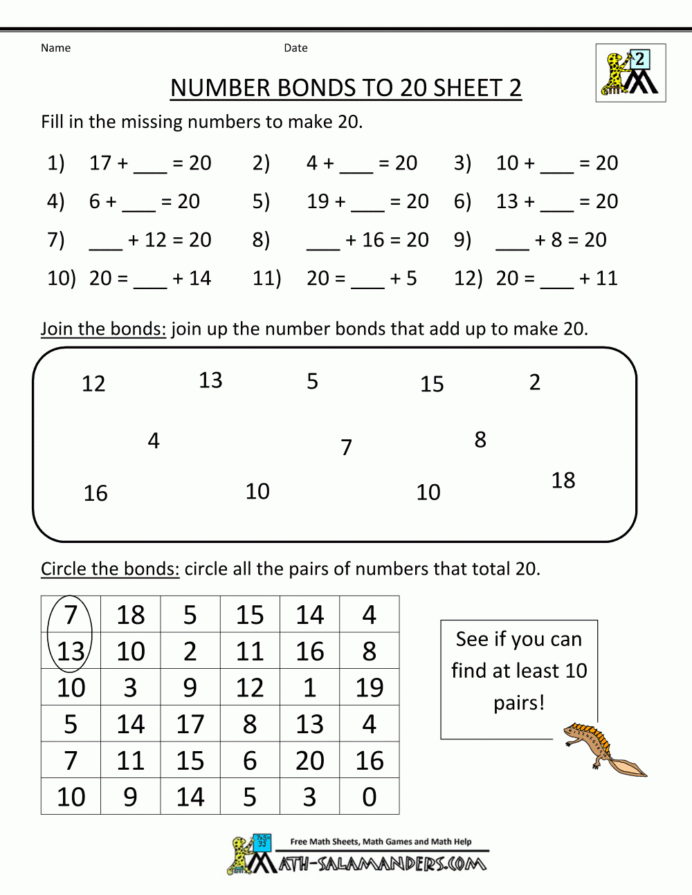 2Nd Grade Math Worksheets Number Bonds To 20 2 | Math Activities - Free Printable Number Bonds Worksheets For Kindergarten