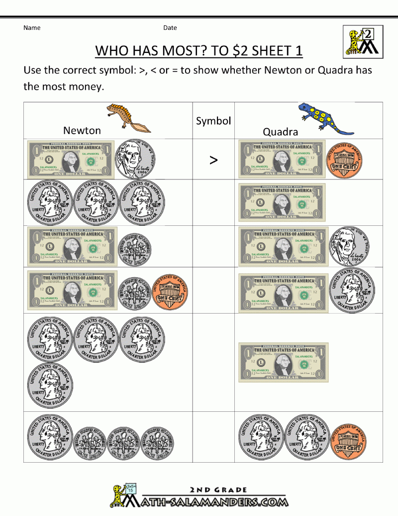 2Nd Grade Money Worksheets Up To $2 - Free Printable Making Change Worksheets
