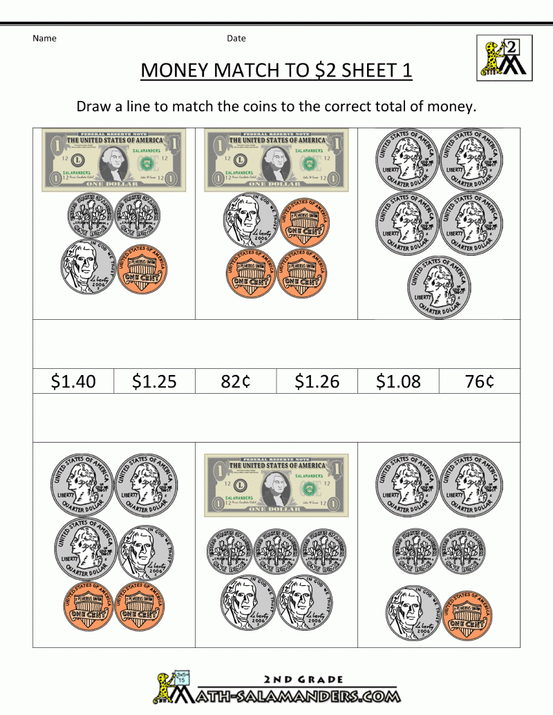 2Nd Grade Money Worksheets Up To $2 - Free Printable Money Worksheets For Kindergarten