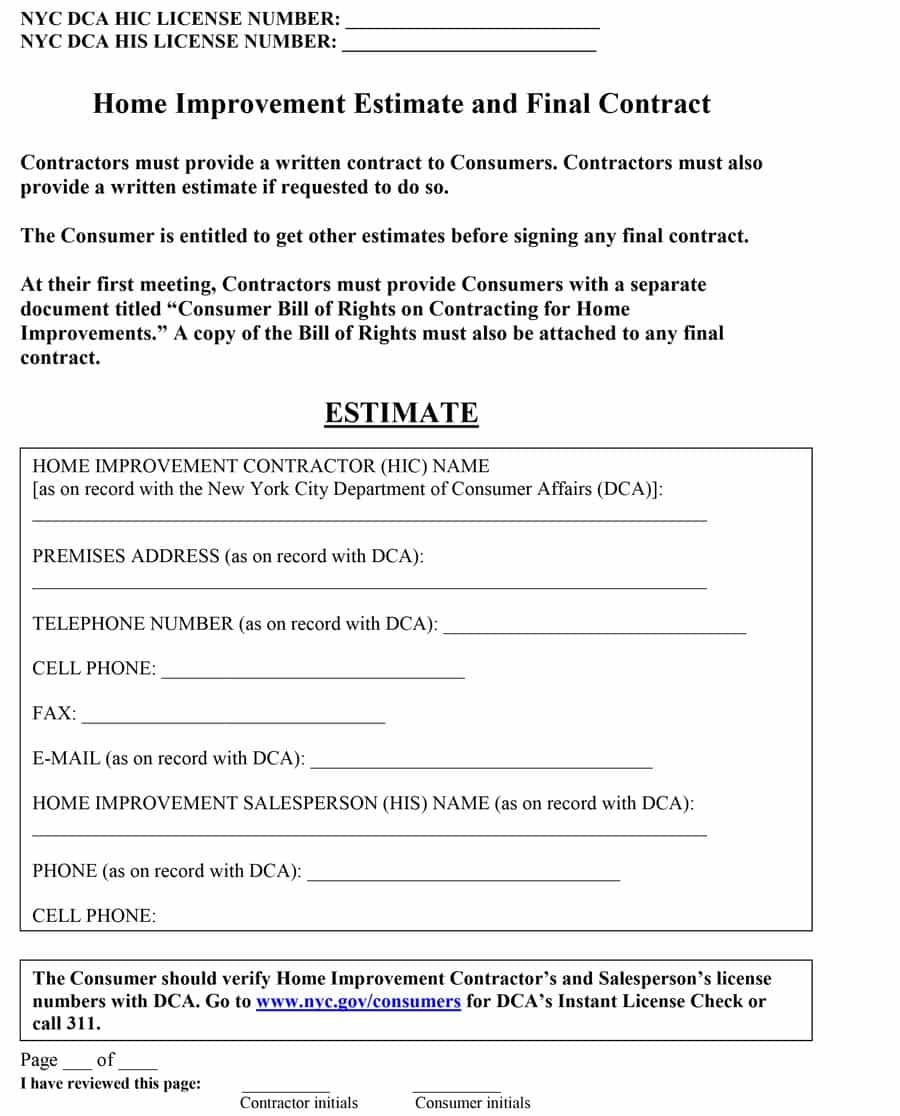 44 Free Estimate Template Forms [Construction, Repair, Cleaning] - Free Printable Home Improvement Contracts
