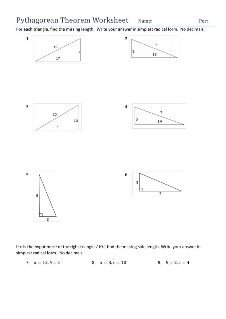 pythagorean theorem intro worksheet