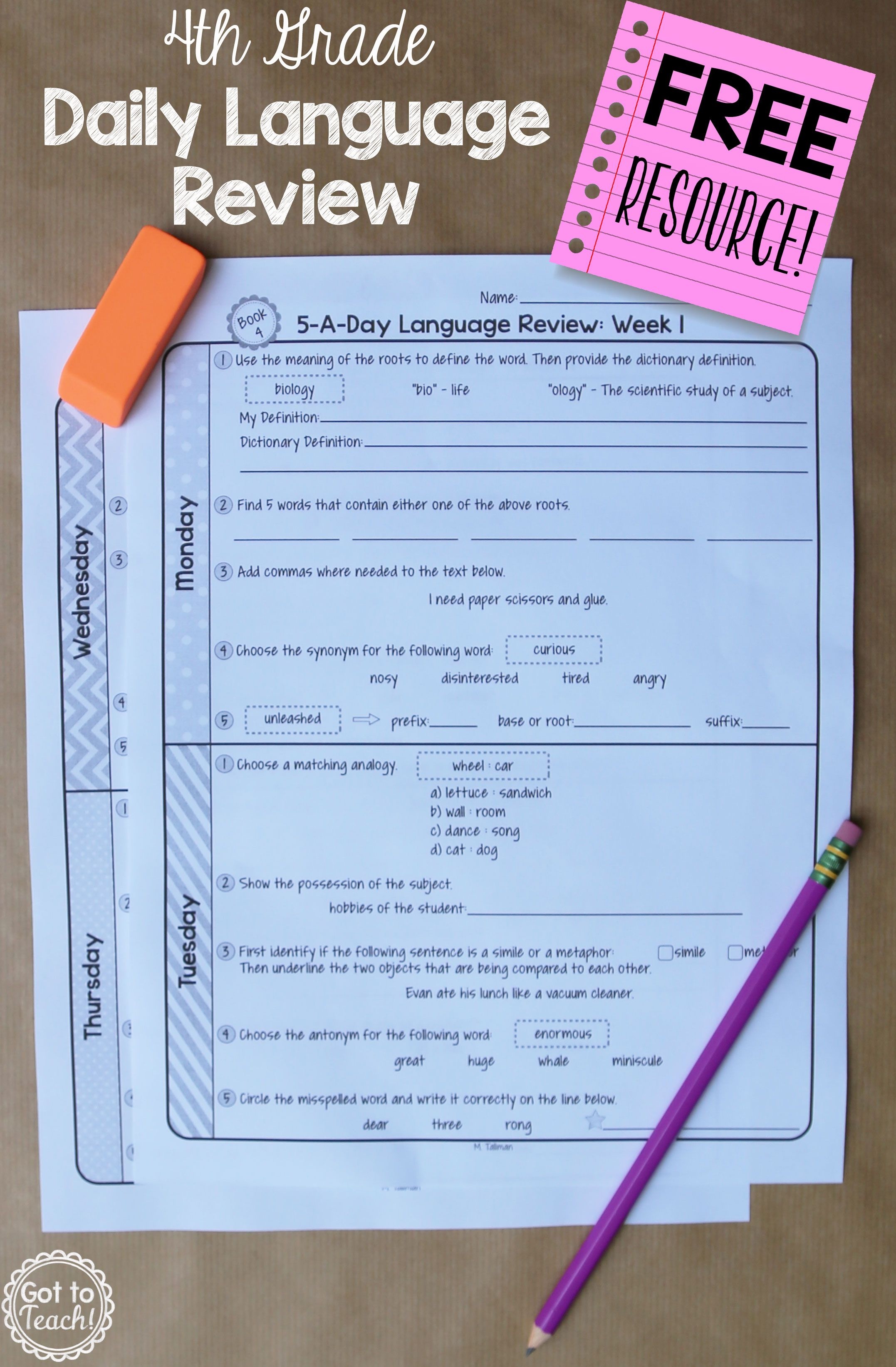 4Th Grade Daily Language Spiral Review - 2 Weeks Free - Daily Language Review Grade 5 Free Printable