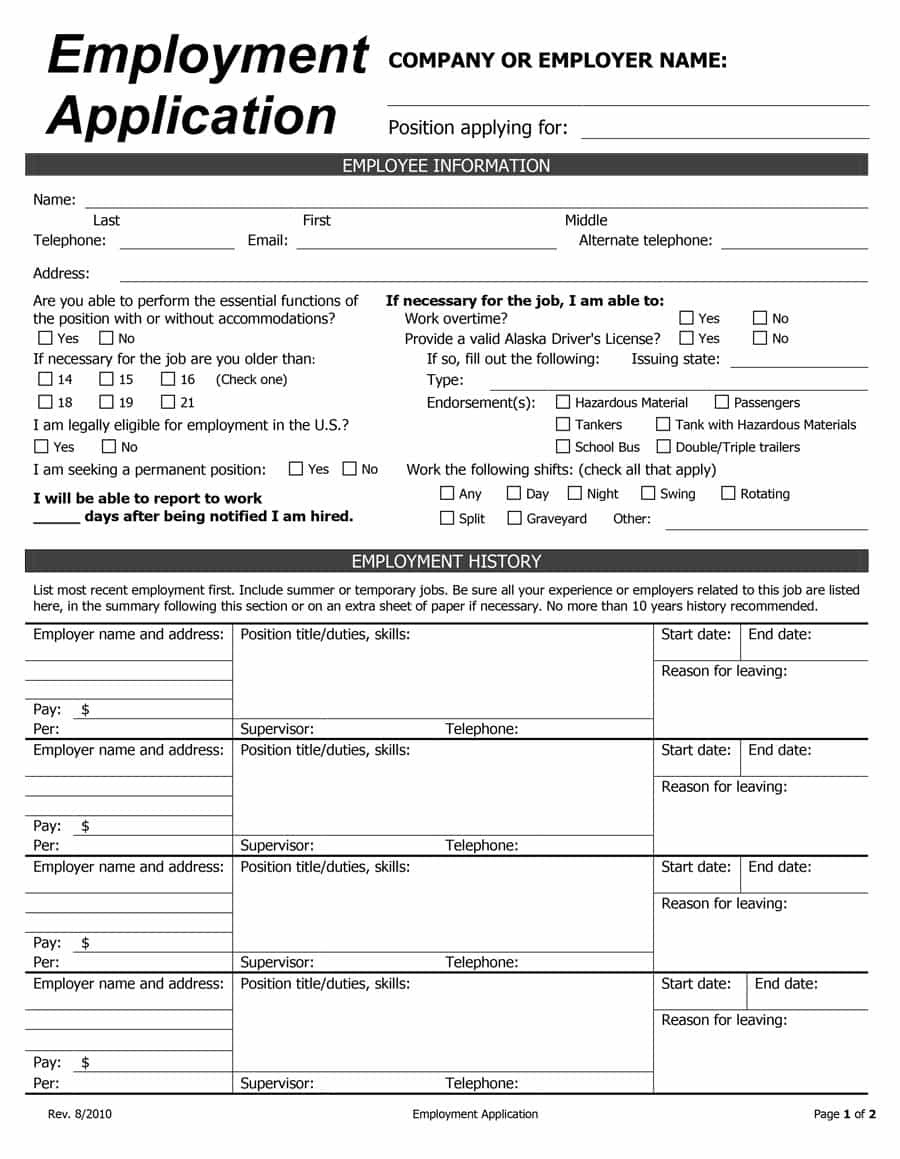 50 Free Employment / Job Application Form Templates [Printable] ᐅ - Free Printable Job Application