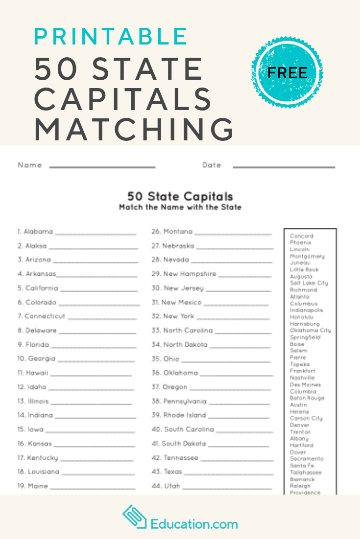 50 State Capitals | Social Studies | Worksheets, English Worksheets - Free Printable States And Capitals Worksheets