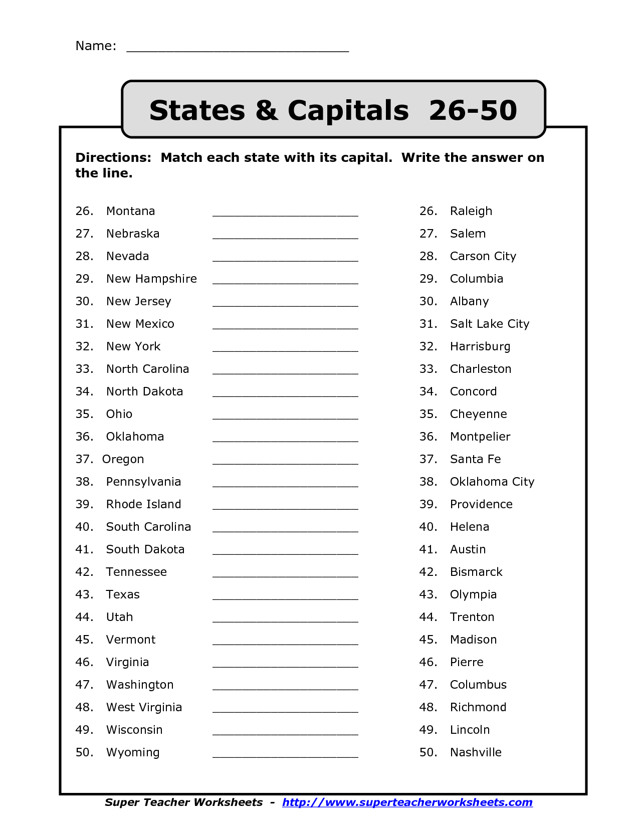 Printable List Of Us States And Capitals