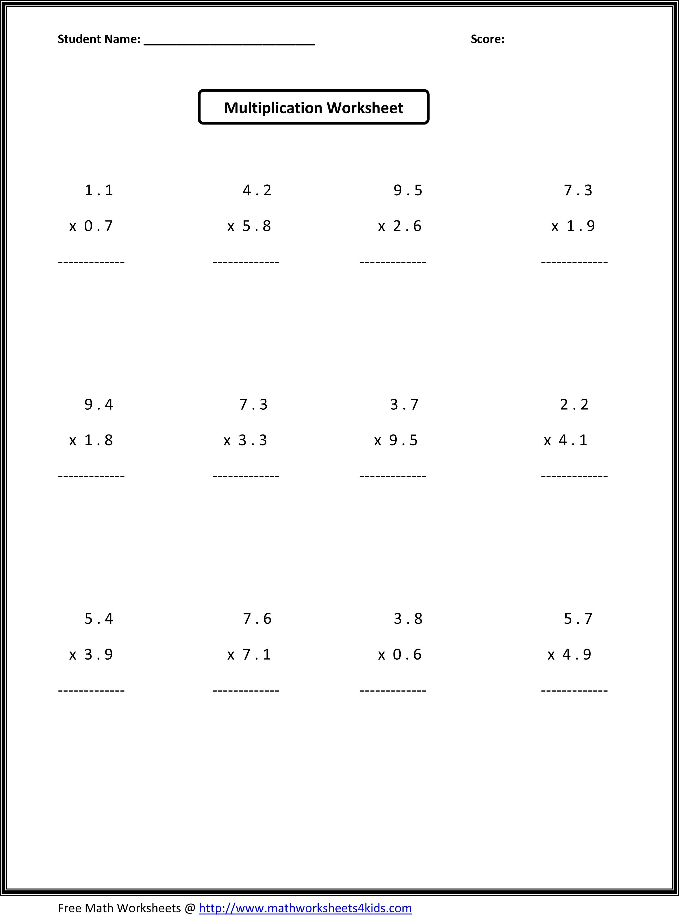 Multiplying Decimals Free Printable Worksheets | Free Printable