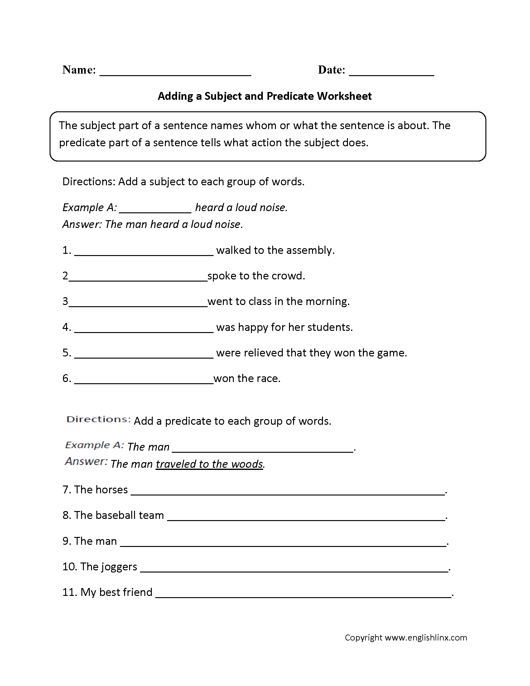 Adding A Subject And Predicate Worksheet | Rti Ela Middle School - Free Printable Subject Predicate Worksheets 2Nd Grade