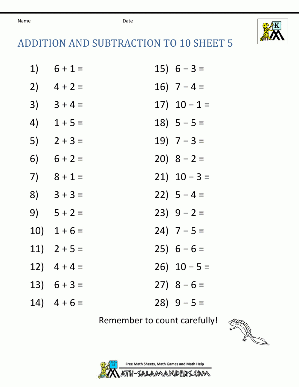 Addition And Subtraction Worksheets For Kindergarten - Free Printable Kindergarten Addition And Subtraction Worksheets