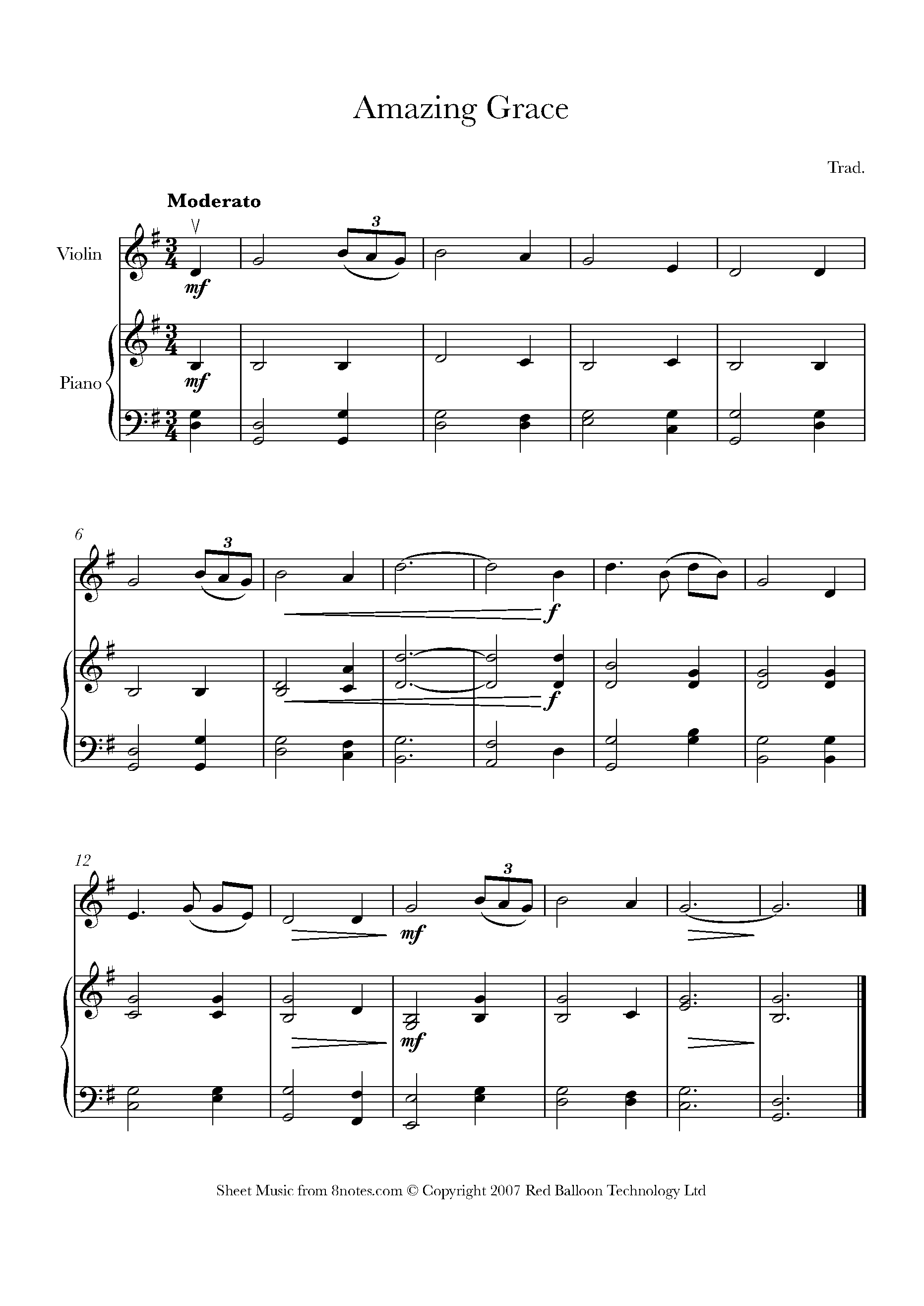 Amazing Grace Sheet Music For Violin - 8Notes - Free Printable Gospel Sheet Music For Piano