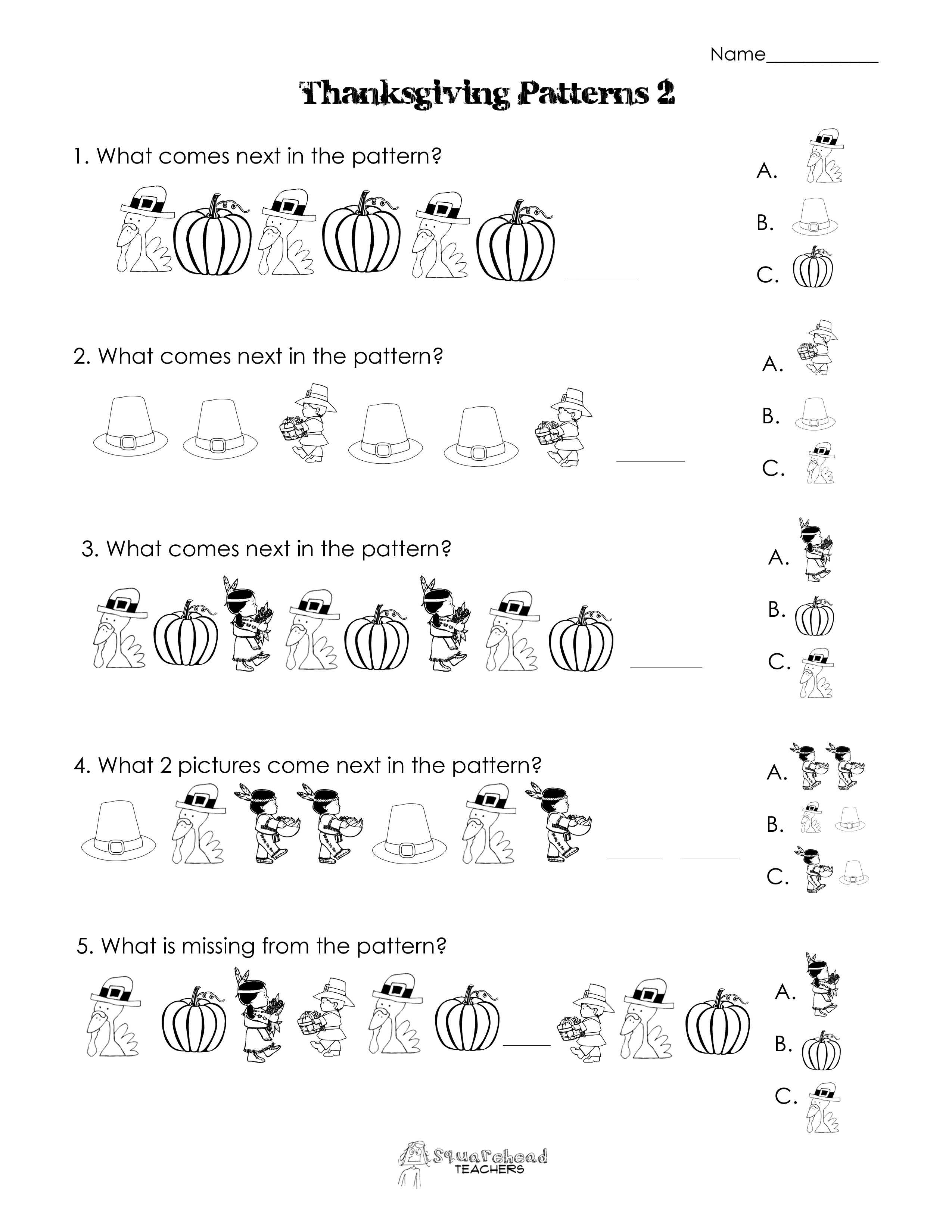 Another Thanksgiving Patterns Worksheet (K-2Nd) | Squarehead Teachers - Free Printable Thanksgiving Math Worksheets For 3Rd Grade