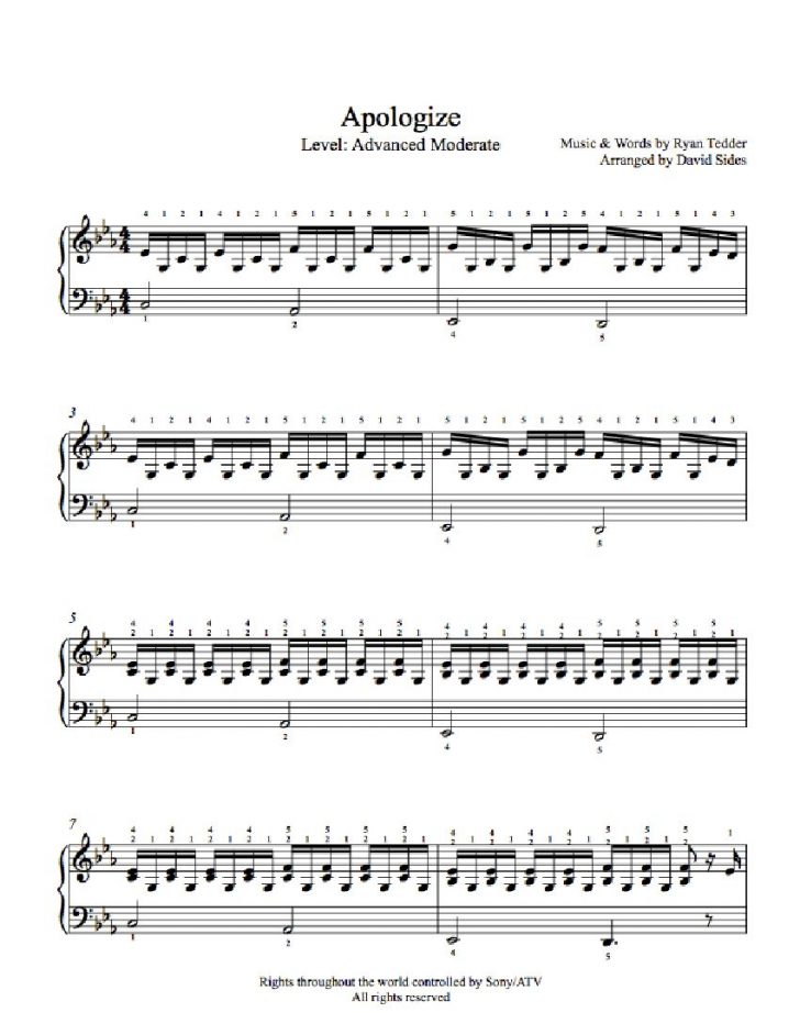 Apologize Piano Sheet Music Free Printable