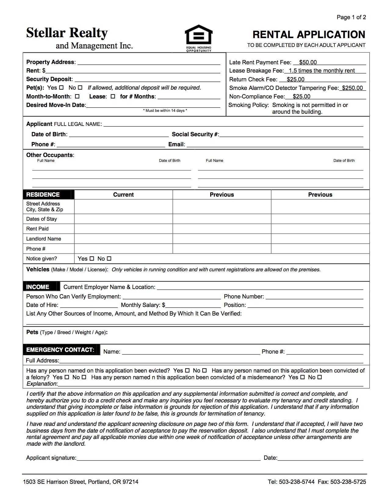 Application | Stellar Realty And Management Inc | 503.238.5744 - Free Printable House Rental Application Form