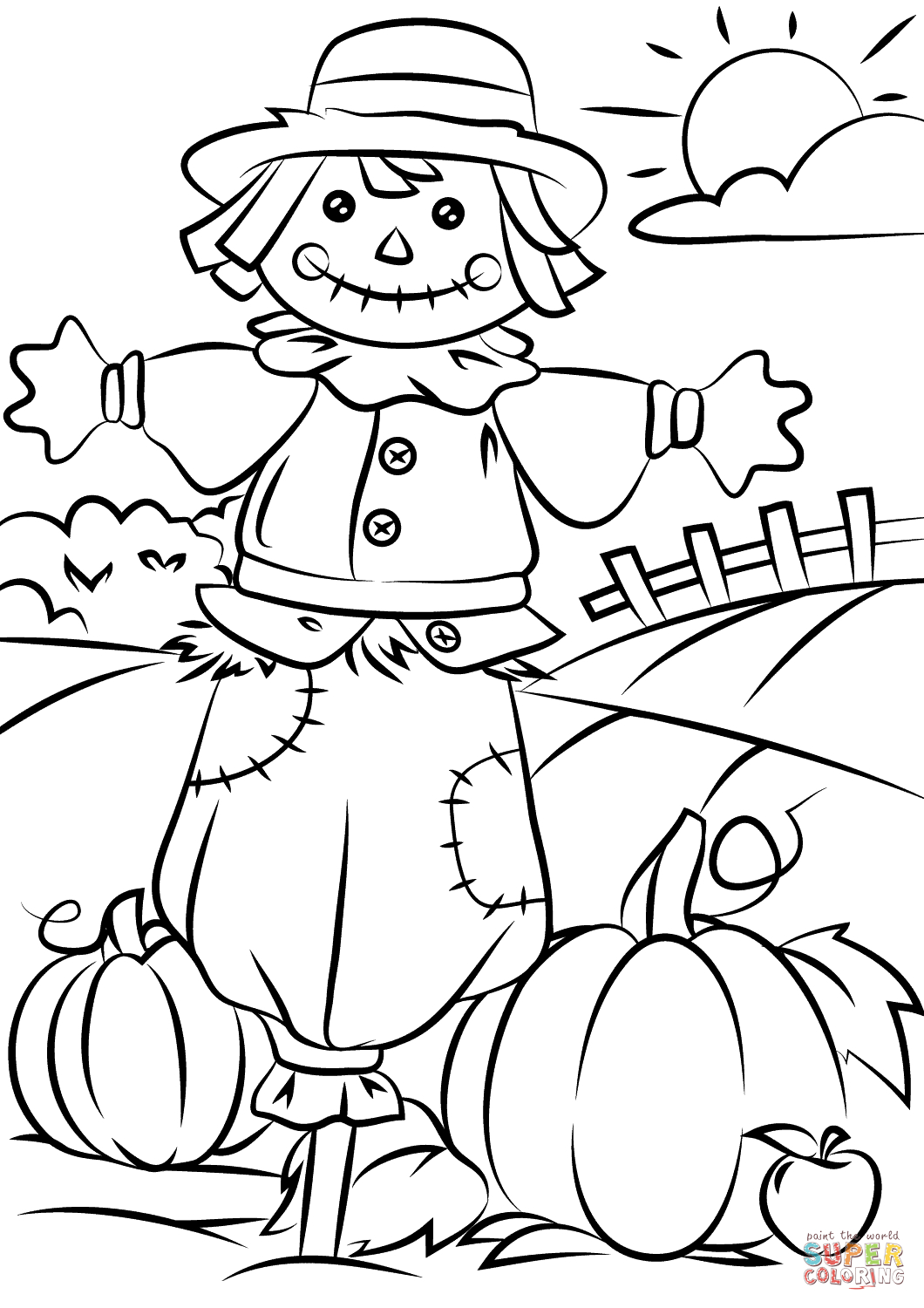 Autumn Scene With Scarecrow Coloring Page | Free Printable Coloring - Free Printable Coloring Pages Fall Season