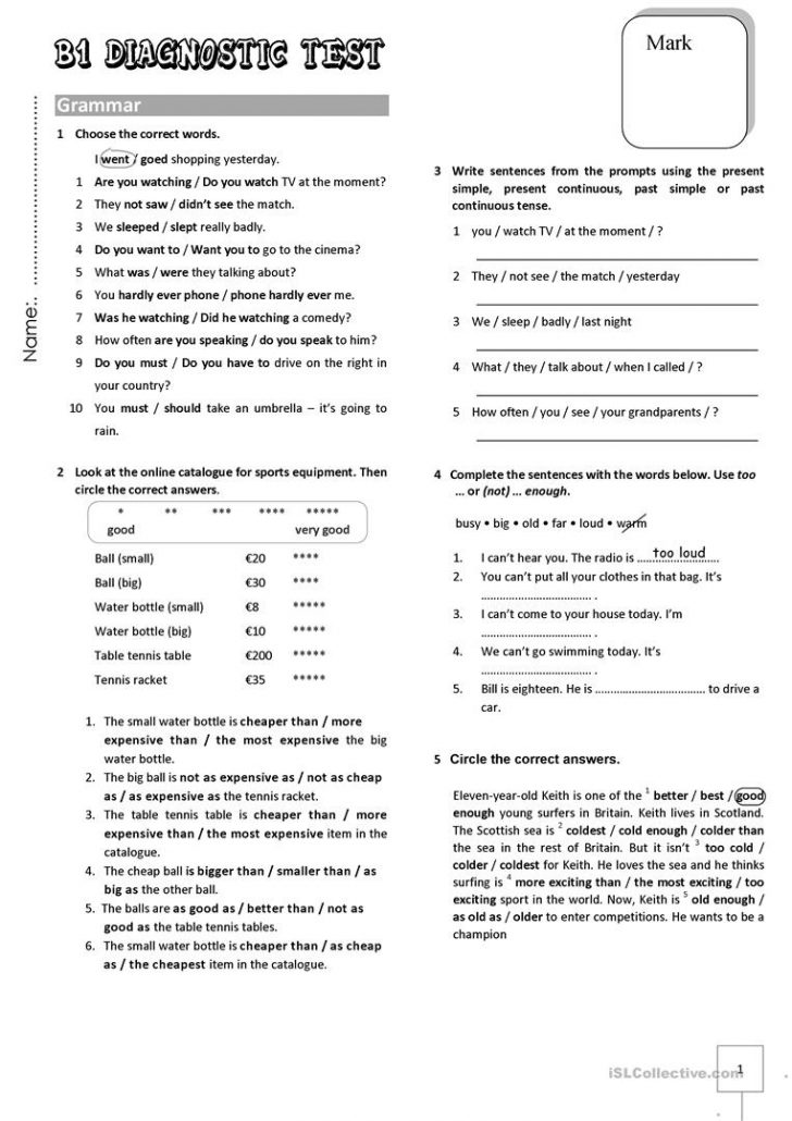 B1 Diagnostic Test Worksheet - Free Esl Printable Worksheets Made ...