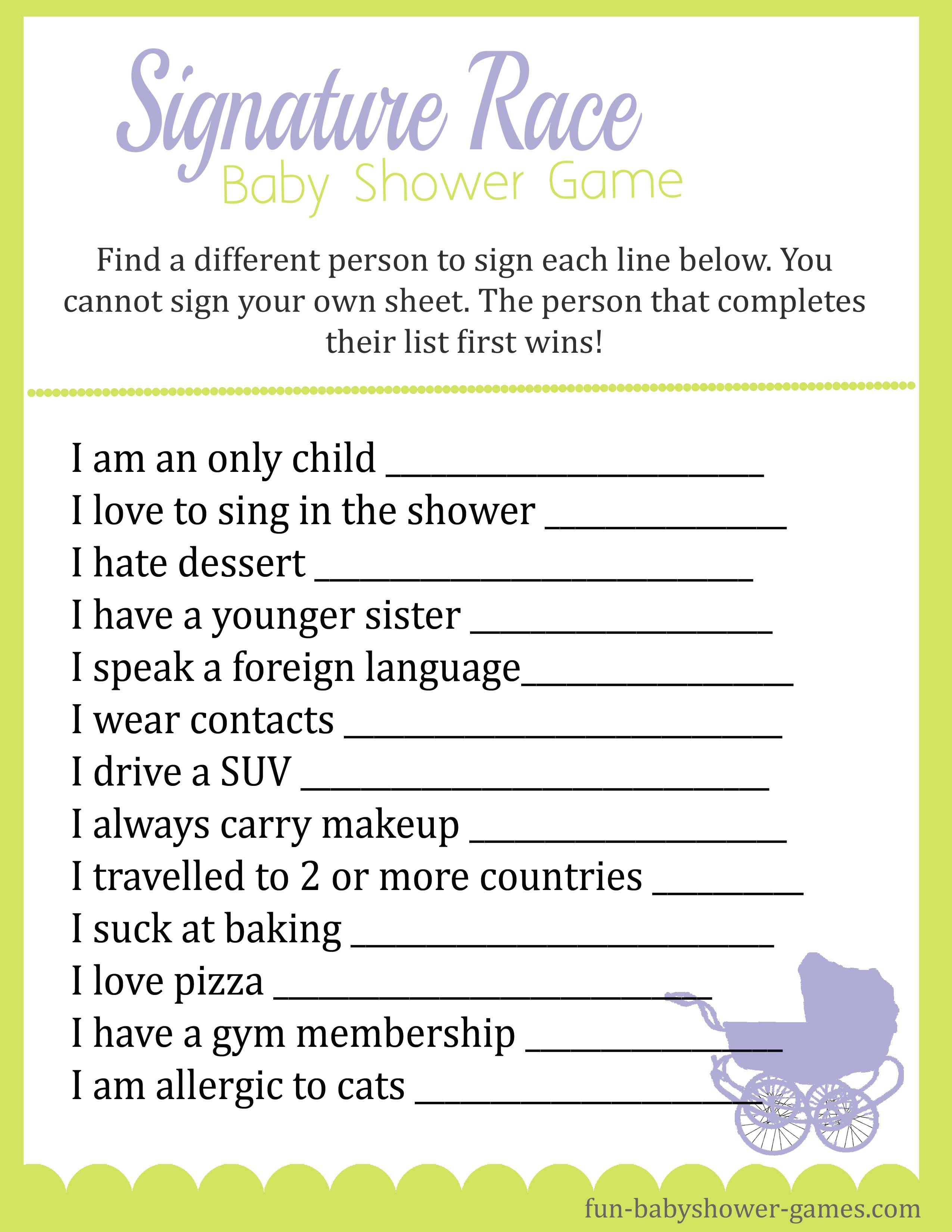 Baby Shower Signature Race Game - Free Printable Games For Adults