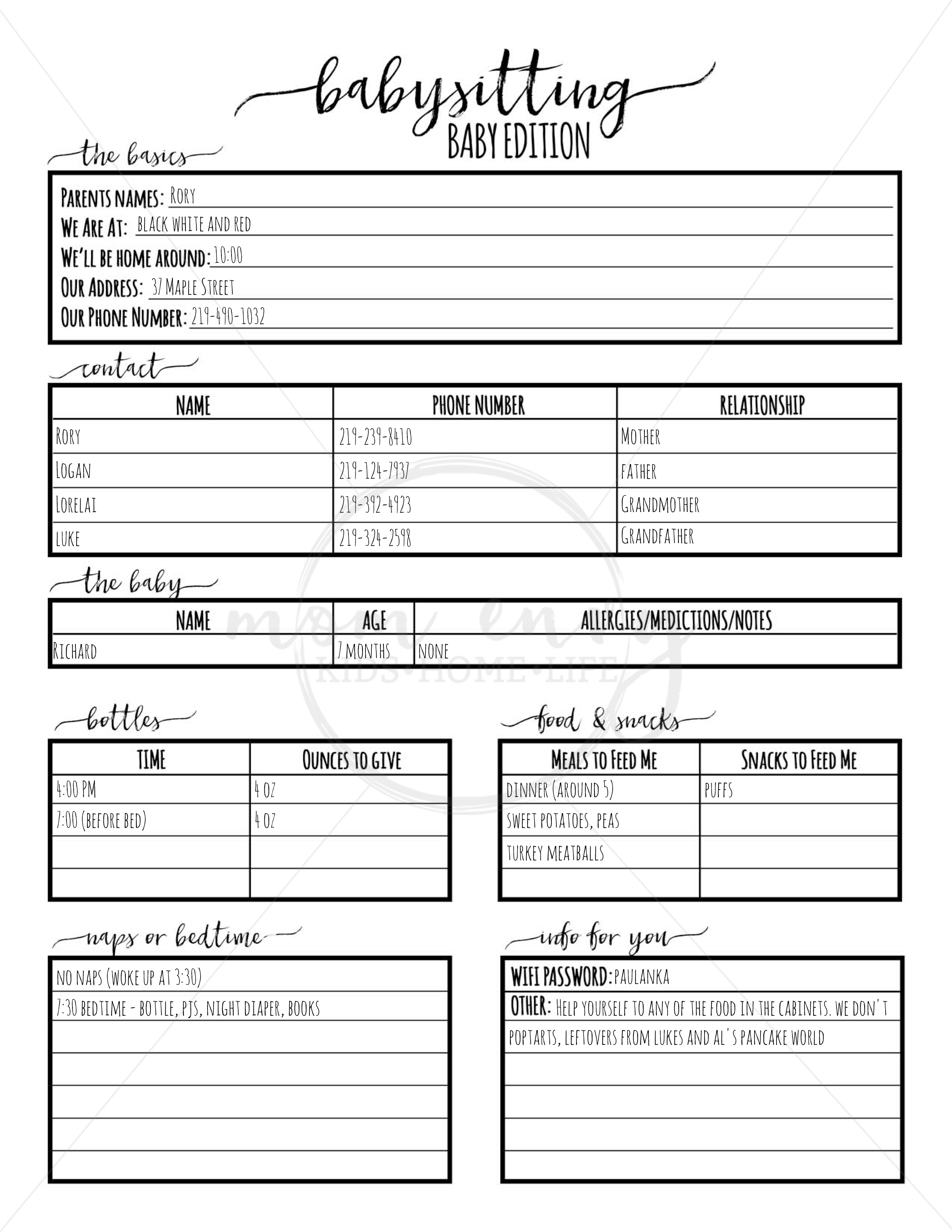 All In One Free Printable Babysitting Log