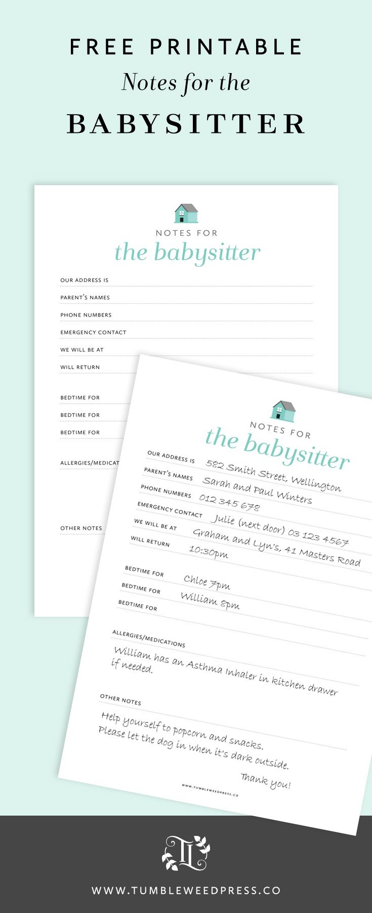 Babysitter Notes Free Printable | Print It Out | Babysitter Notes - Babysitter Notes Free Printable