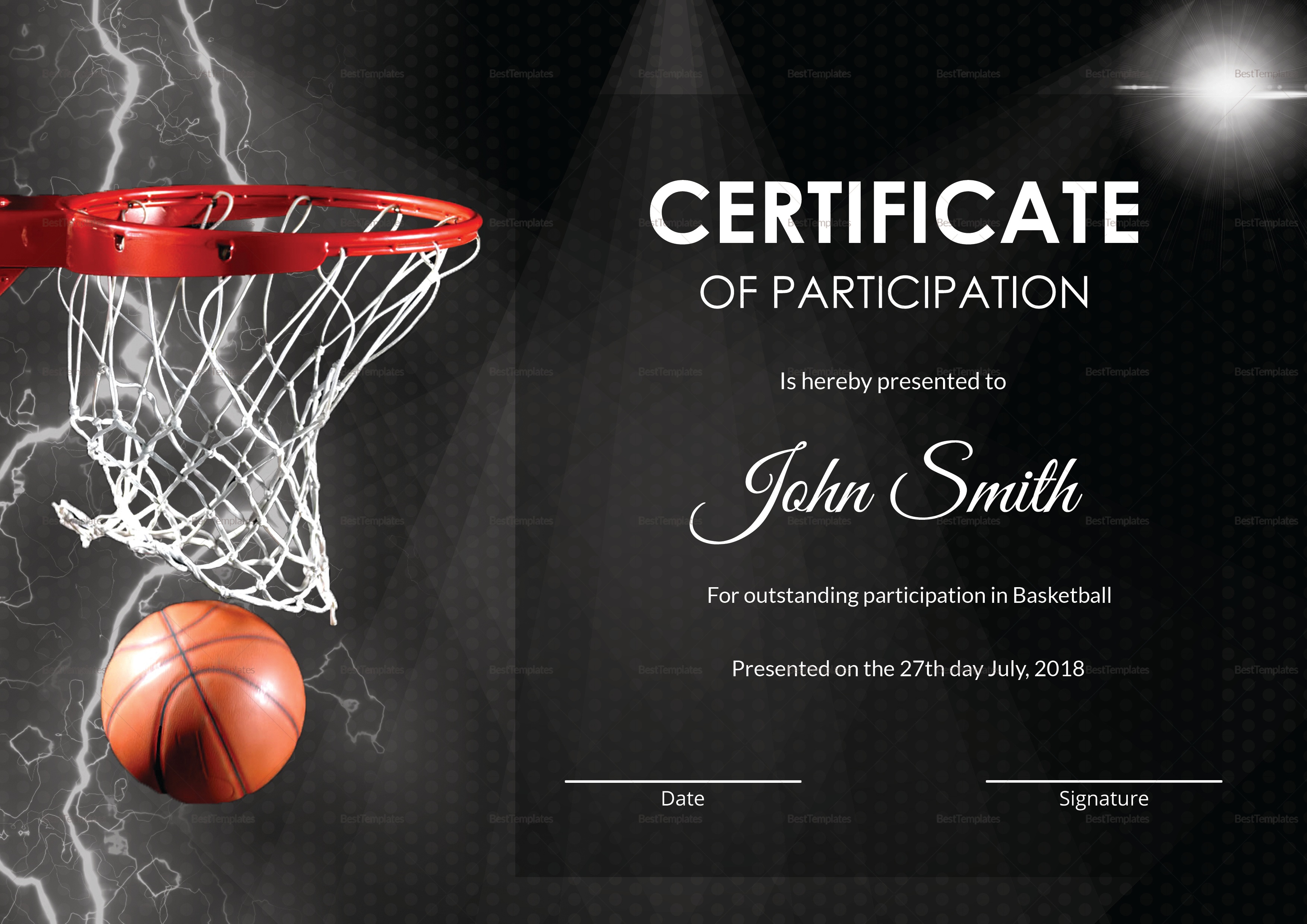 Basketball Participation Certificate Design Template In Psd, Word - Basketball Participation Certificate Free Printable