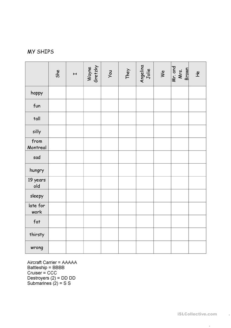 Battleship Game - Verb To Be Worksheet - Free Esl Printable - Free Printable Battleship Game